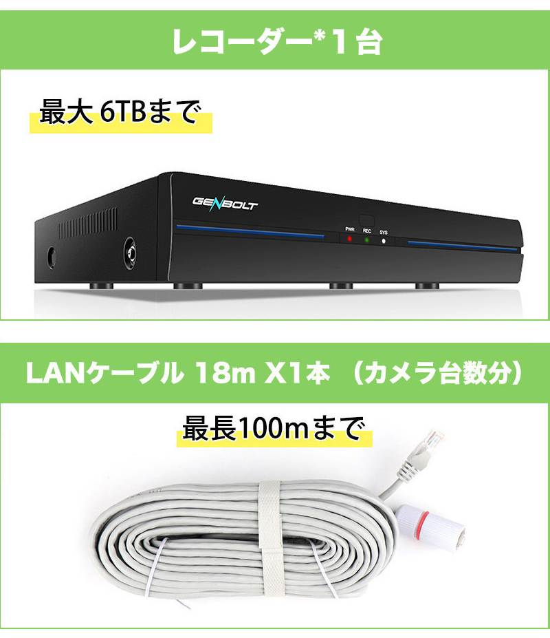 防犯カメラ 録画機 NVR PoEカメラ 有線 LANケーブル GENBOLT カメラ2台付き】防犯カメラ 録画機 NVR 800万画素対応 PoEカメラ 有線