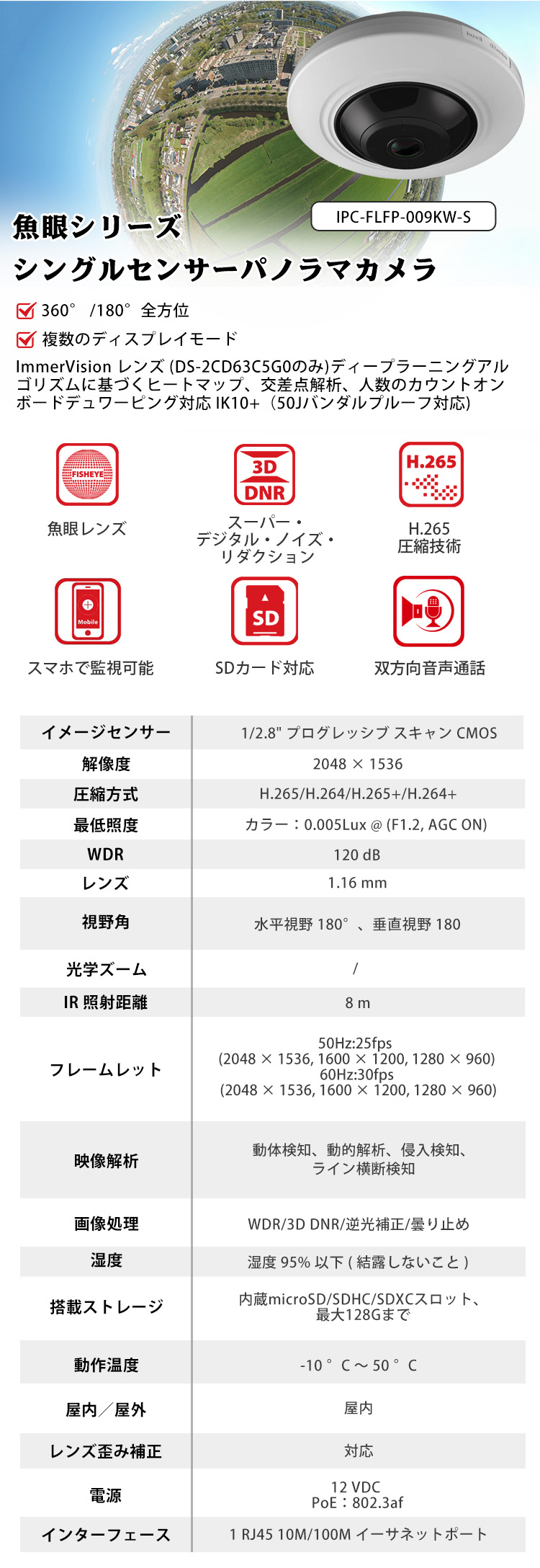 防犯カメラ 屋外 300万画素 魚眼レンズ 水平視野180°、垂直視野180°IP